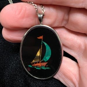 Vintage Sailboat Pendant Black Acrylic over Rock Gem